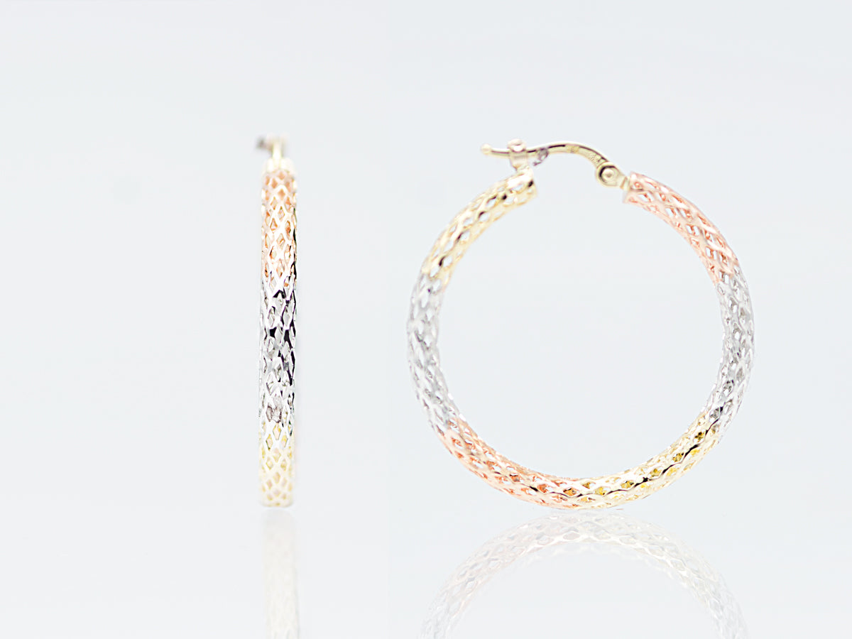 14K Tri color solid Gold Diamond cut Filigree Hoop earing