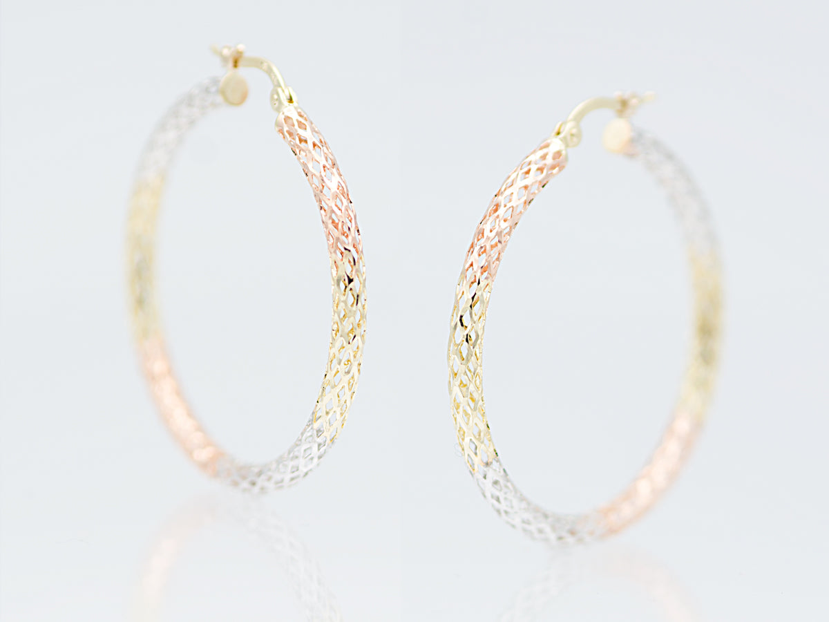 14K Tri color solid Gold Diamond cut Filigree Hoop earing