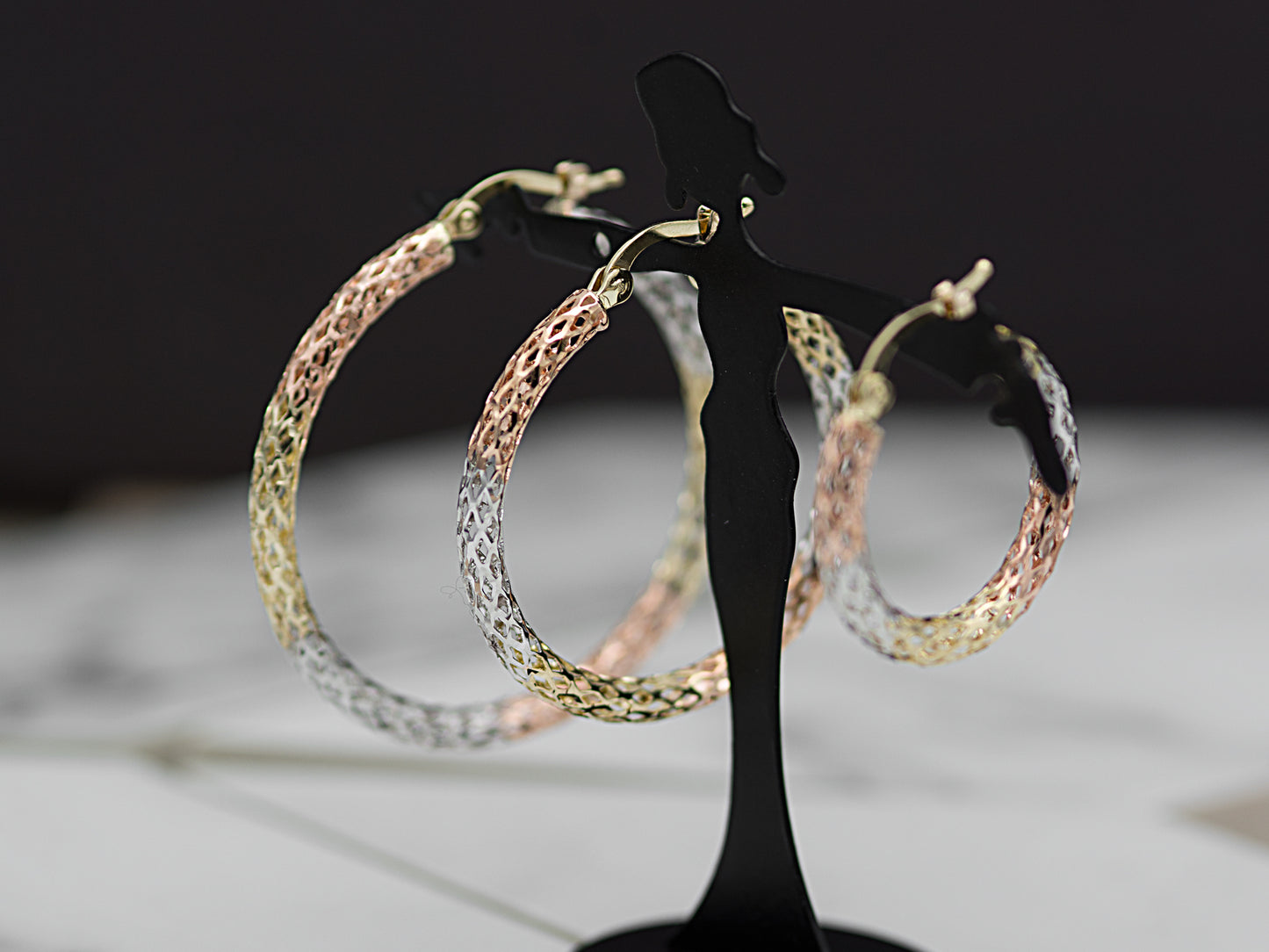 14K Tri color solid Gold Diamond cut Filigree Hoop earing