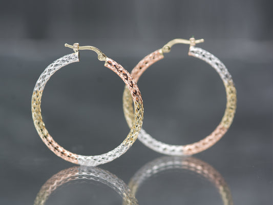 14K Tri color solid Gold Diamond cut Filigree Hoop earing
