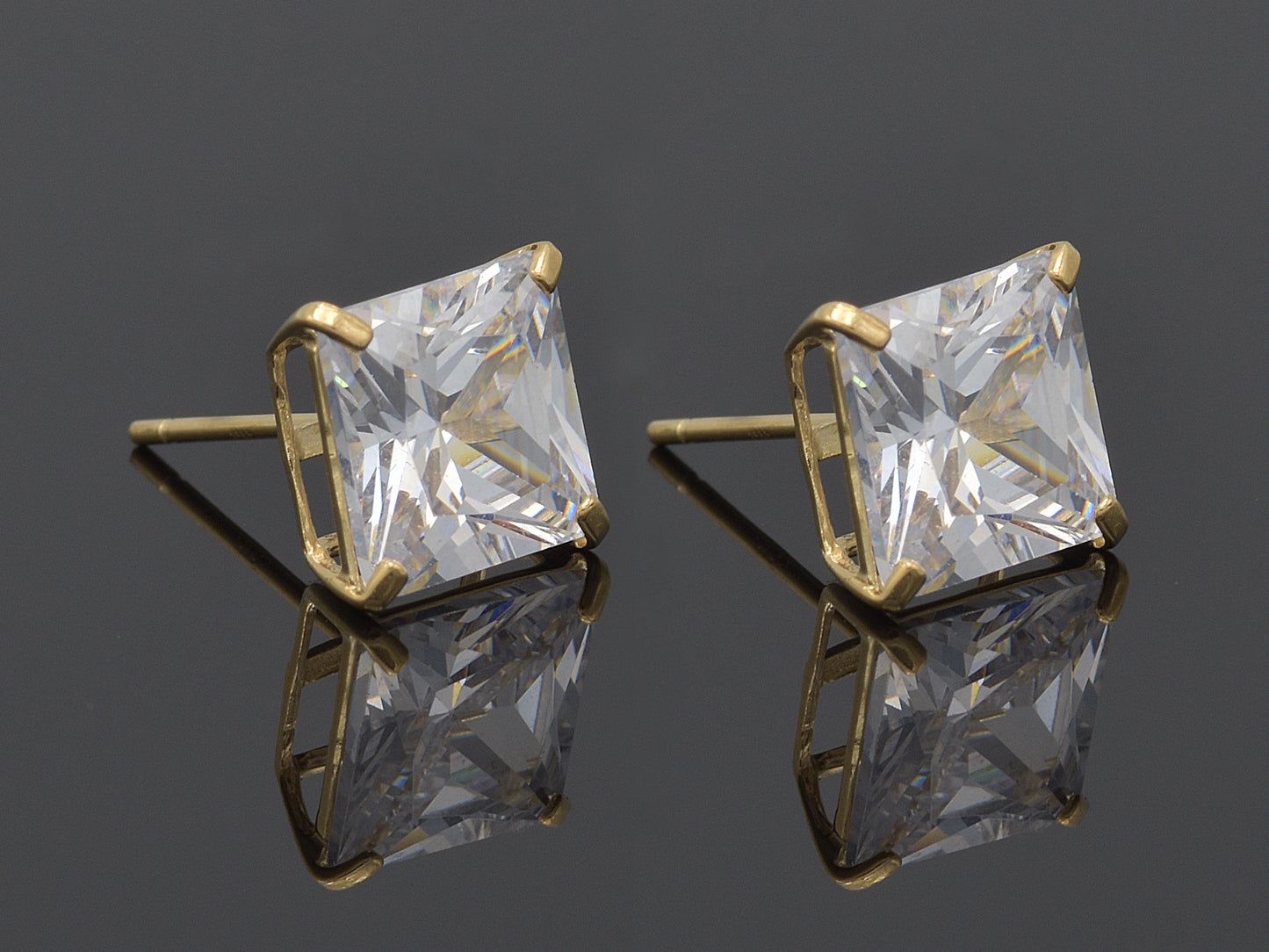 14k Solid Gold Basket Set CZ Princess cut Stud