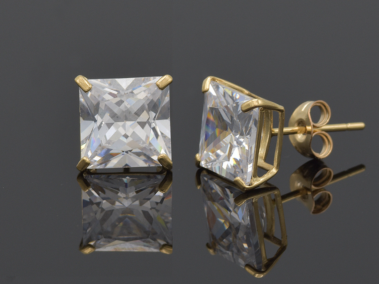 14k Solid Gold Basket Set CZ Princess cut Stud