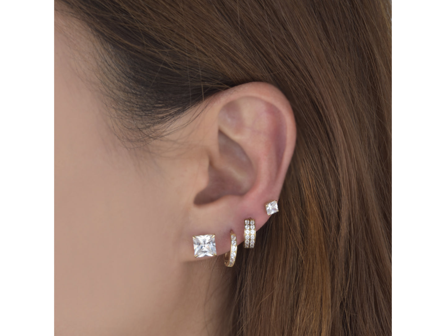 14k Solid Gold Basket Set CZ Princess cut Stud