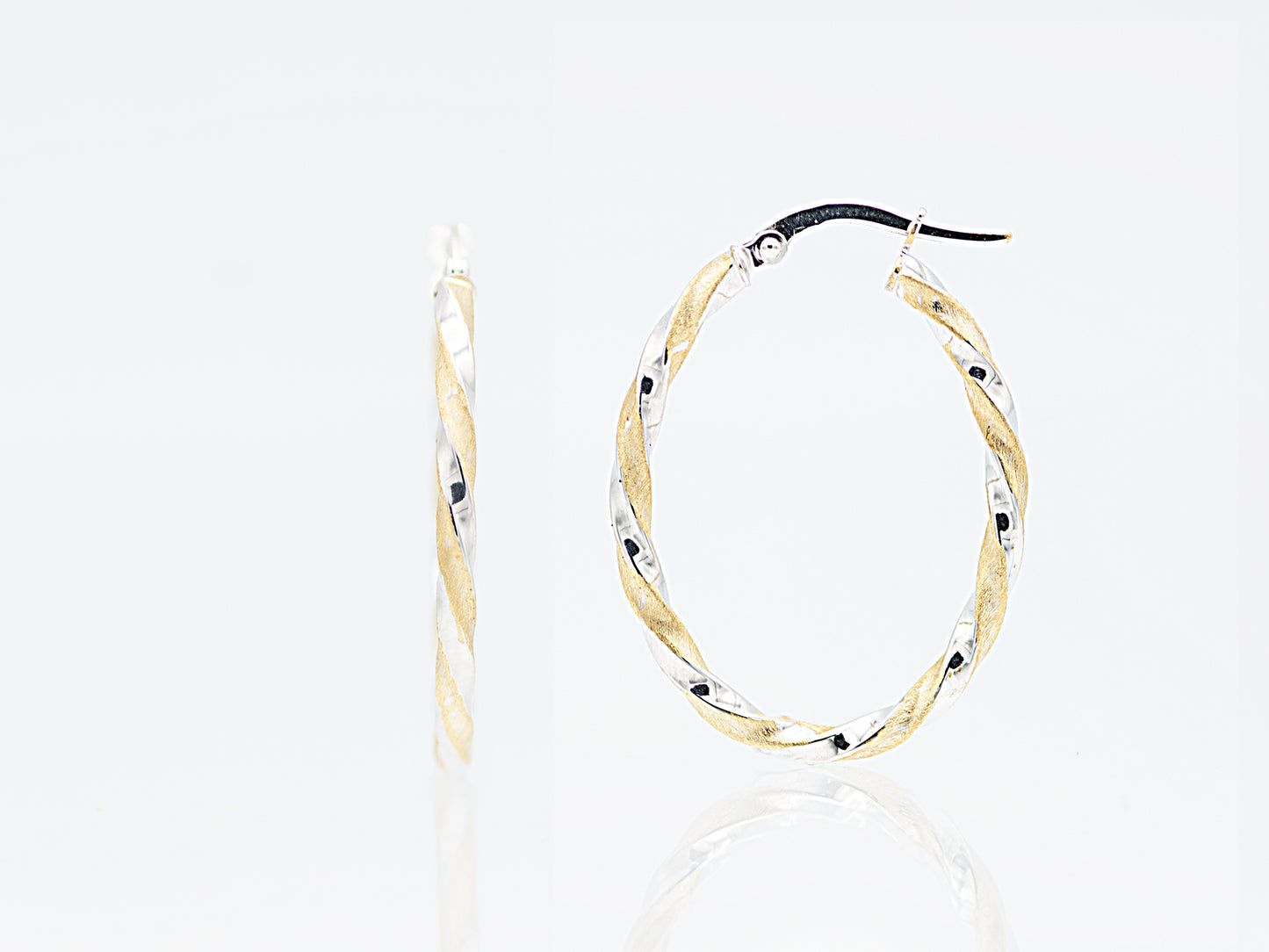 14K Solid real Gold Two-Tone Oval shape Twisted Hoop