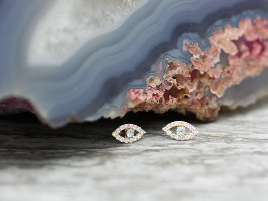 Evil Eye Stud Earrings 14K Solid Yellow Gold studs