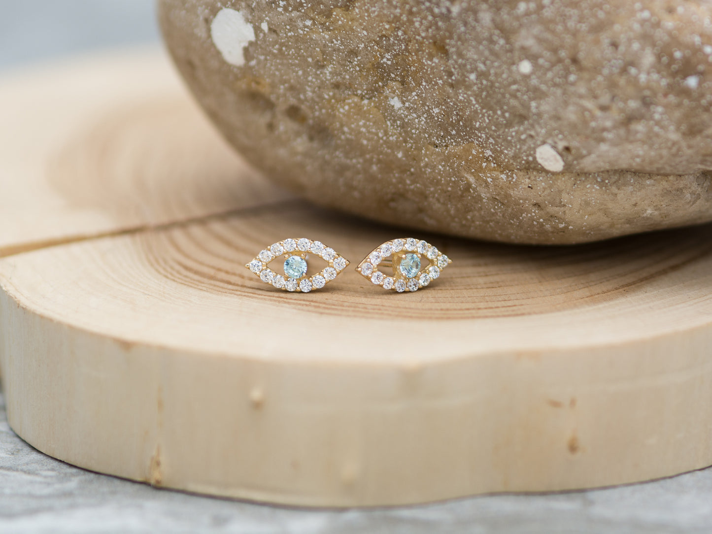 Evil Eye Stud Earrings 14K Solid Yellow Gold studs