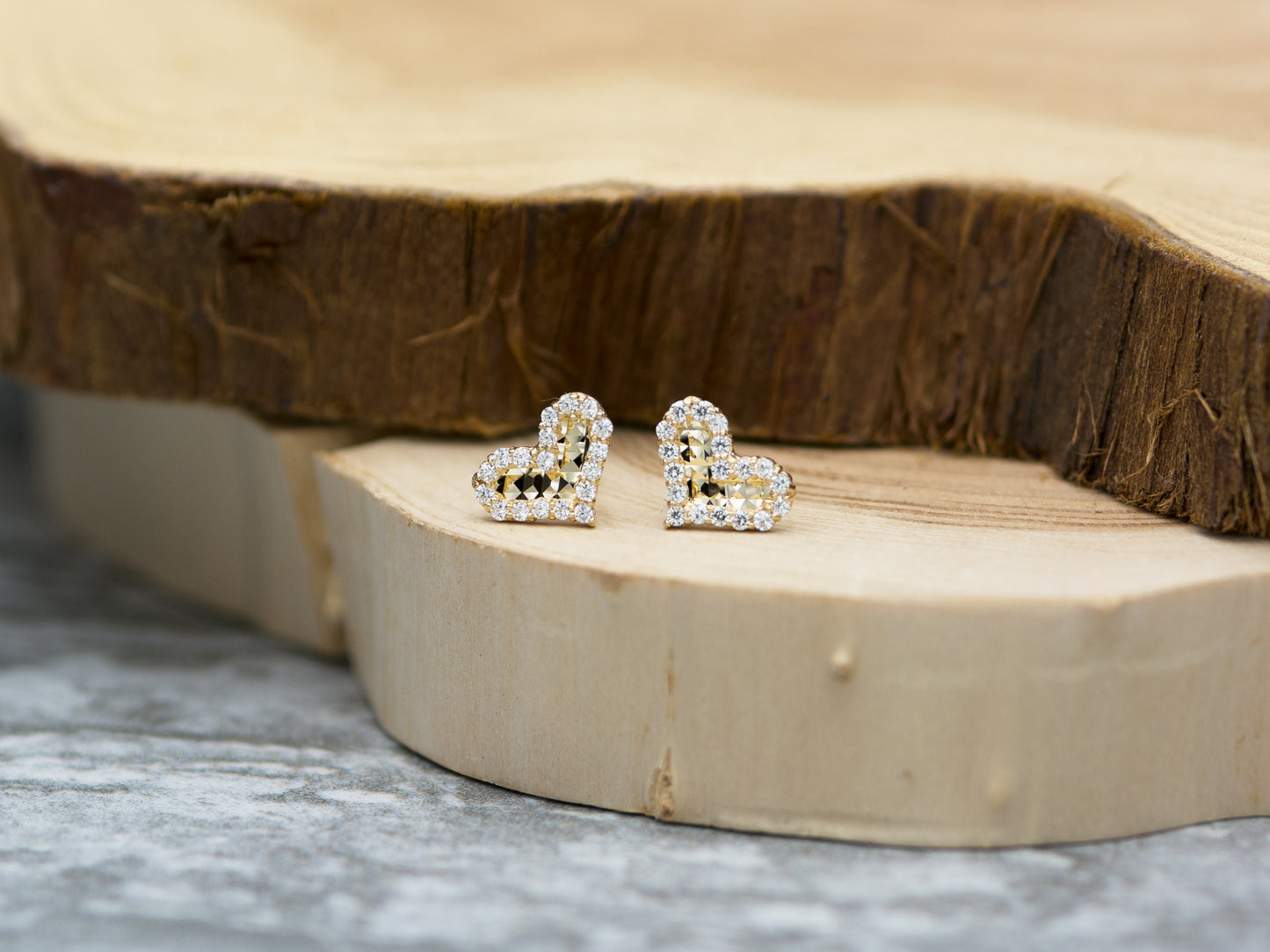 14K Solid Yellow, White Gold Heart shape Stud Earring