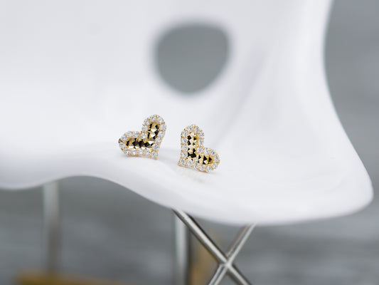 14K Solid Yellow, White Gold Heart shape Stud Earring