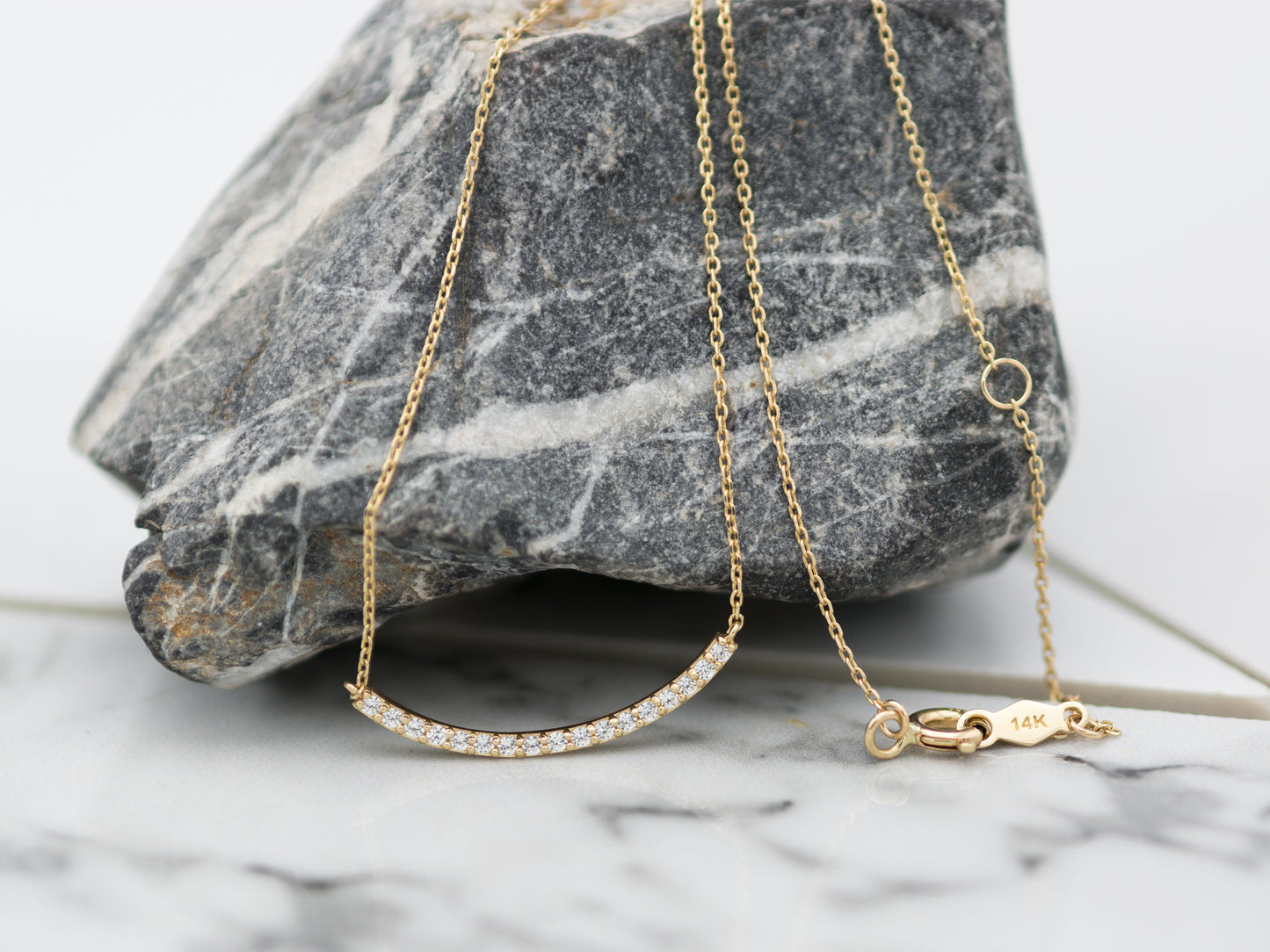 Dainty Solid Gold round Bar Necklace with simulated Diamonds Necklace