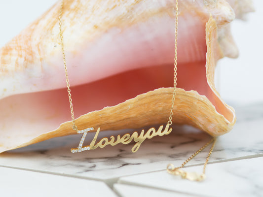 14K Solid Yellow Gold " I Love you" script Letter necklace with simulated Diamond