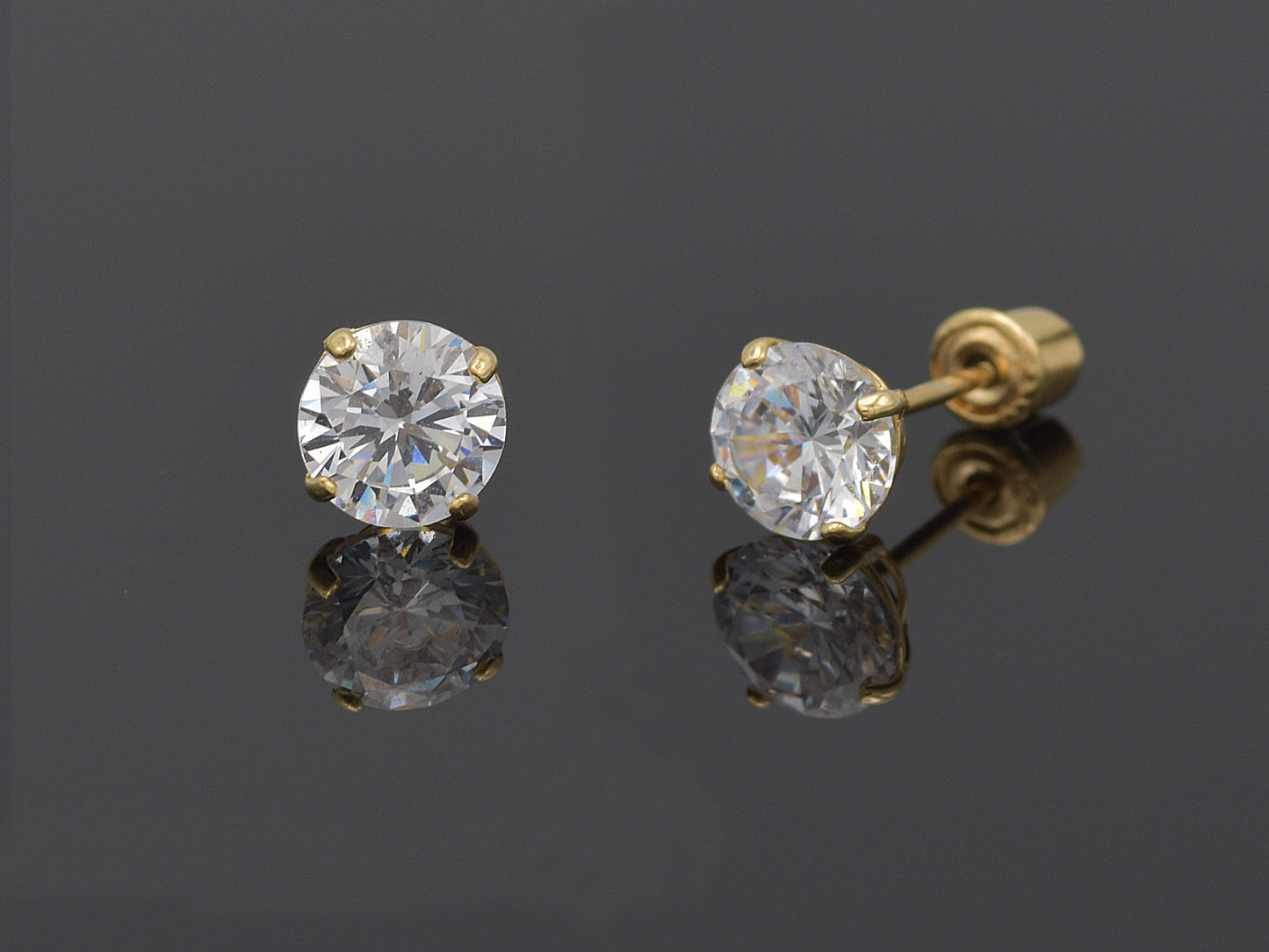 14k Solid Yellow Gold Basket Set Round CZ Stud