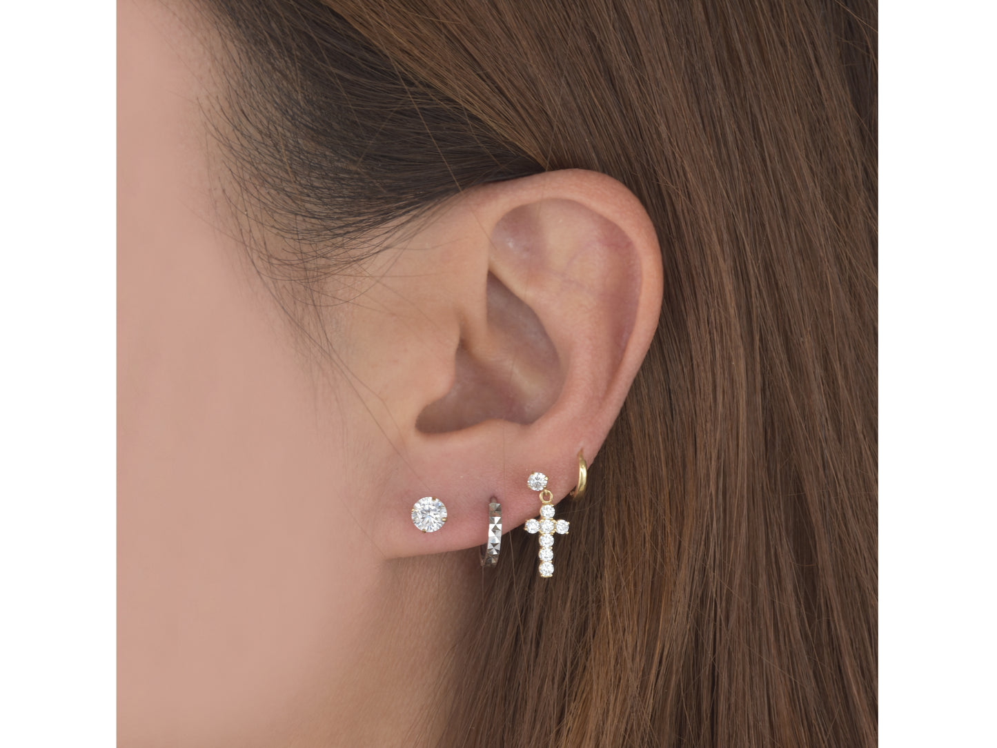 14k Solid Yellow Gold Basket Set Round CZ Stud