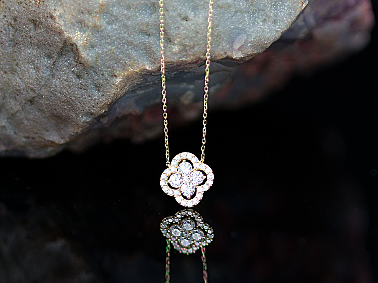 14K Solid Gold Clover Halo pendant with Dainty chain Necklace