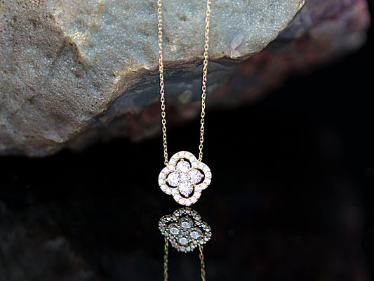 14K Solid Gold Clover Halo pendant with Dainty chain Necklace