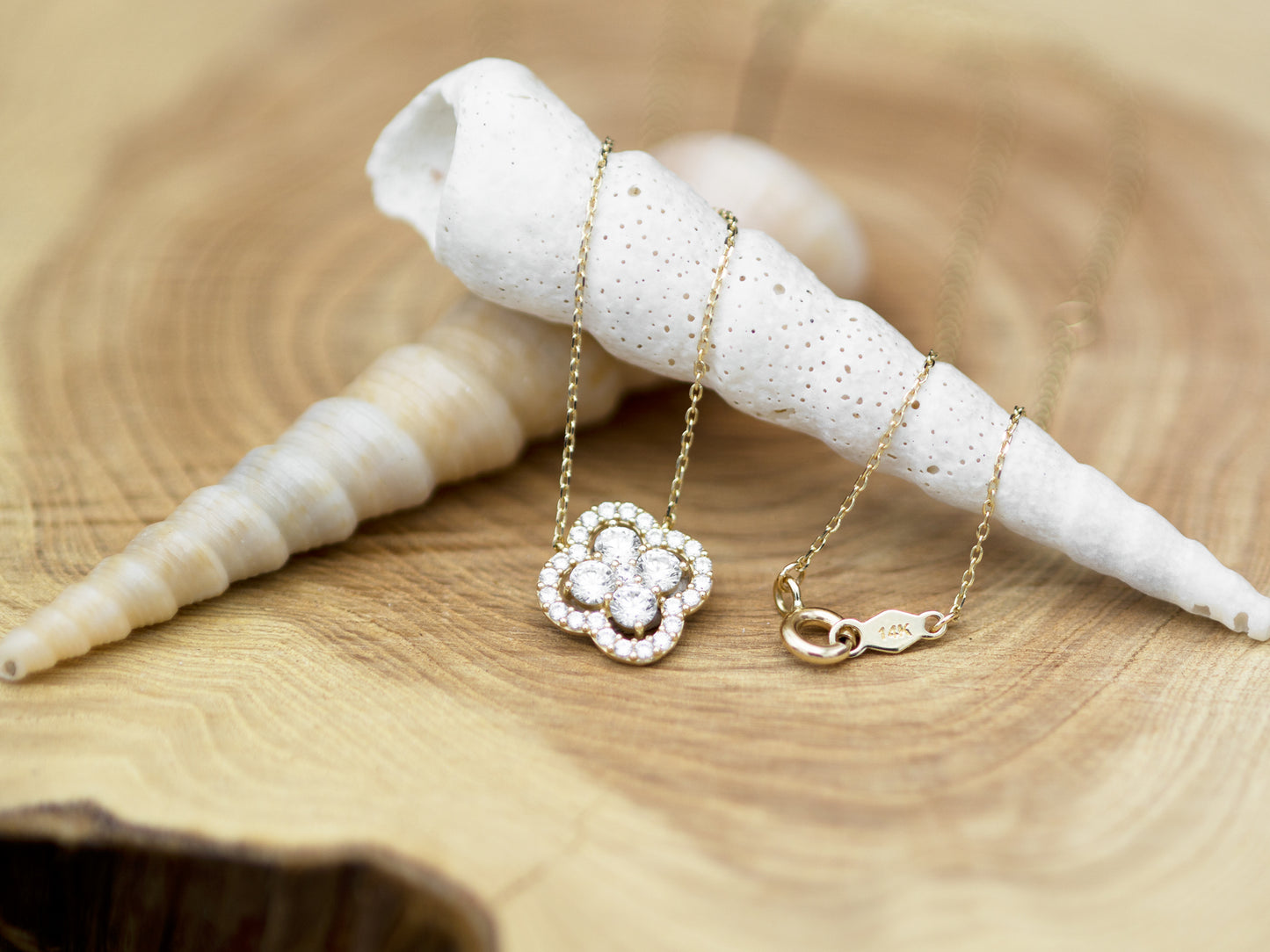14K Solid Gold Clover Halo pendant with Dainty chain Necklace