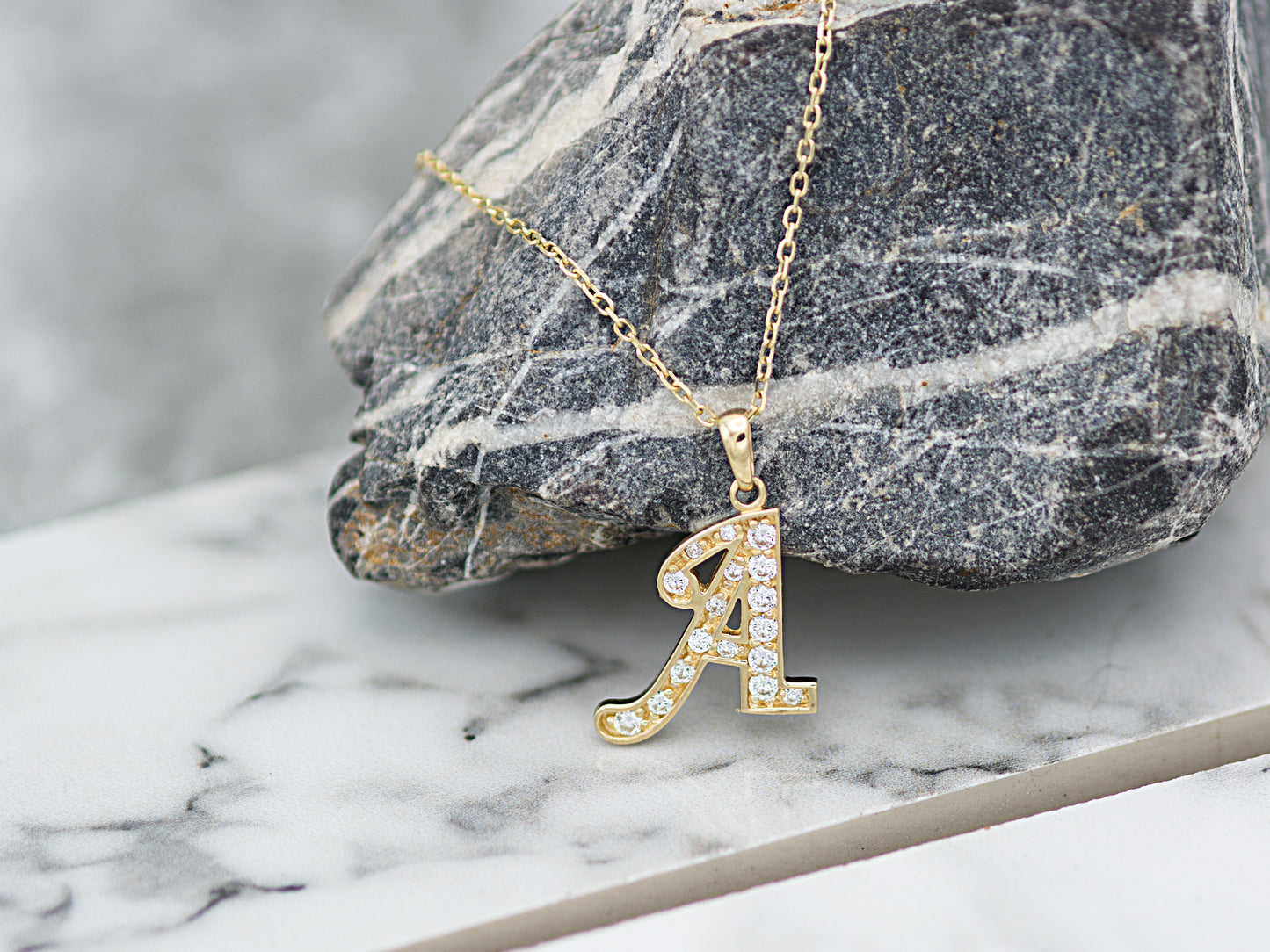 14K Solid Gold high quality simulated Diamond Initial Necklace