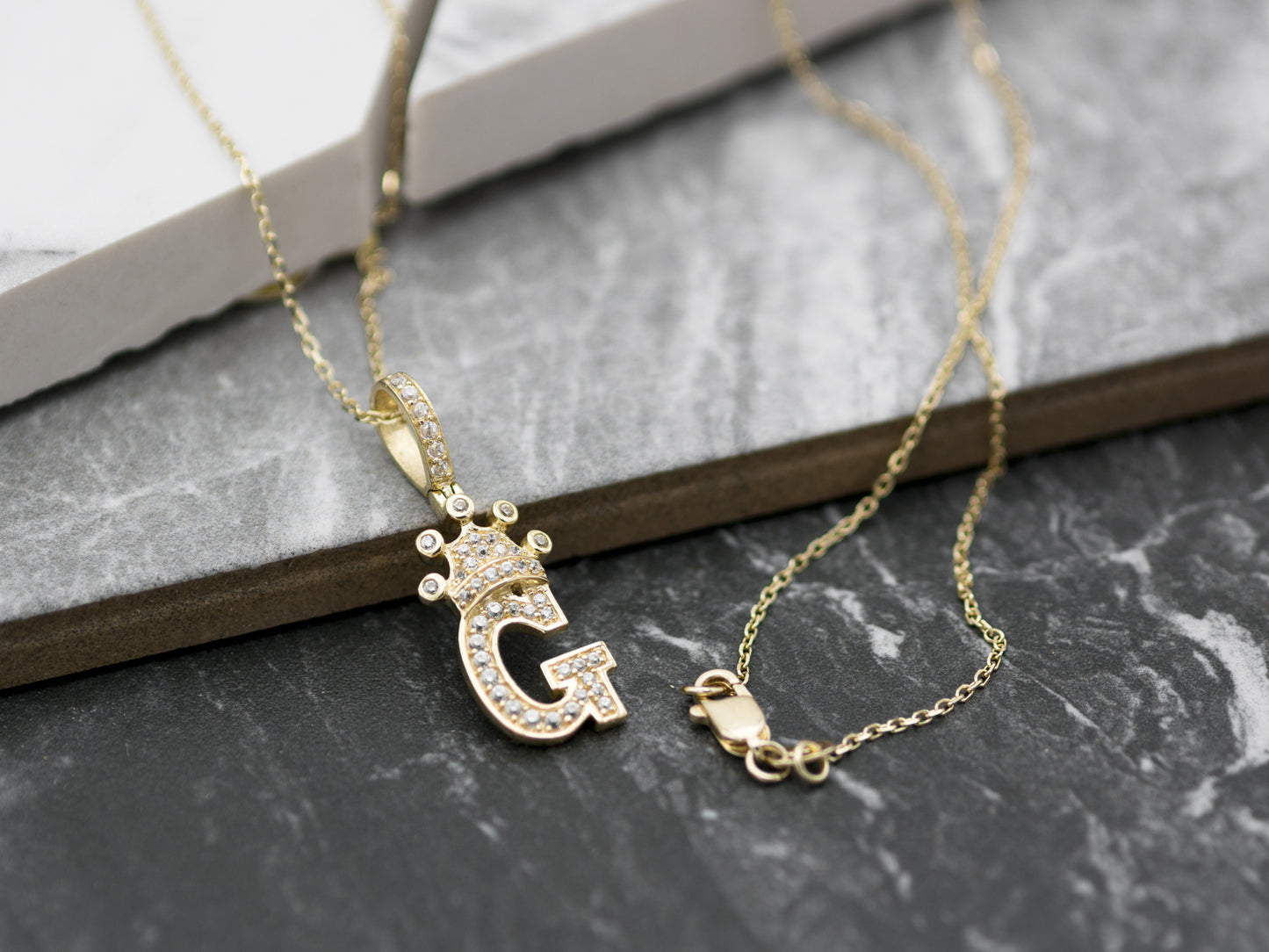 14K Solid Gold high quality simulated Diamond Crown Initial Necklace