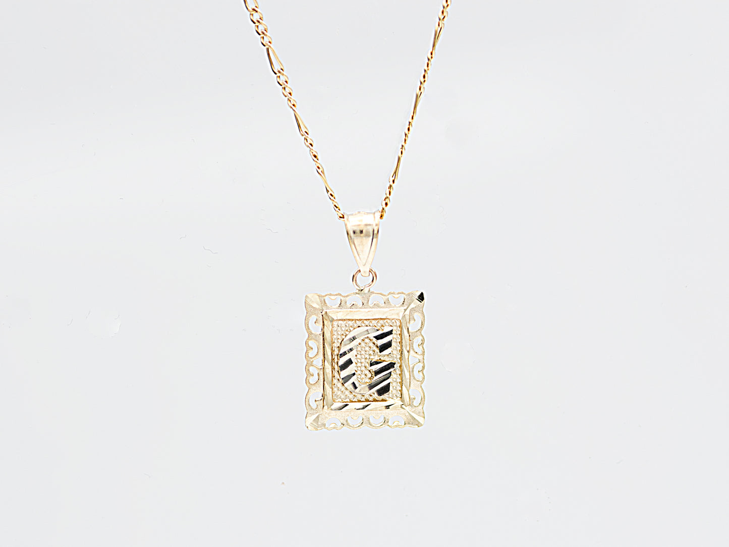 10K Solid Gold Medal Initial Alphabet Letter Frame Figaro chain Necklace