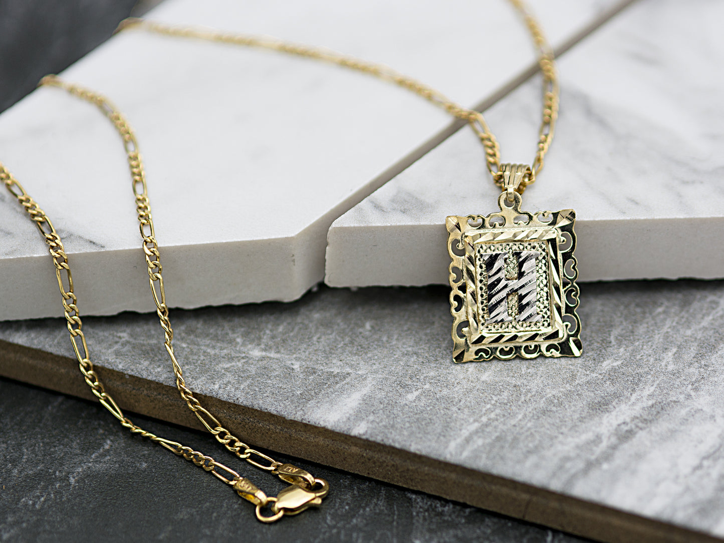 10K Solid Gold Medal Initial Alphabet Letter Frame Figaro chain Necklace
