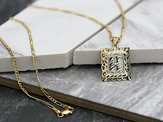 10K Solid Gold Medal Initial Alphabet Letter Frame Figaro chain Necklace