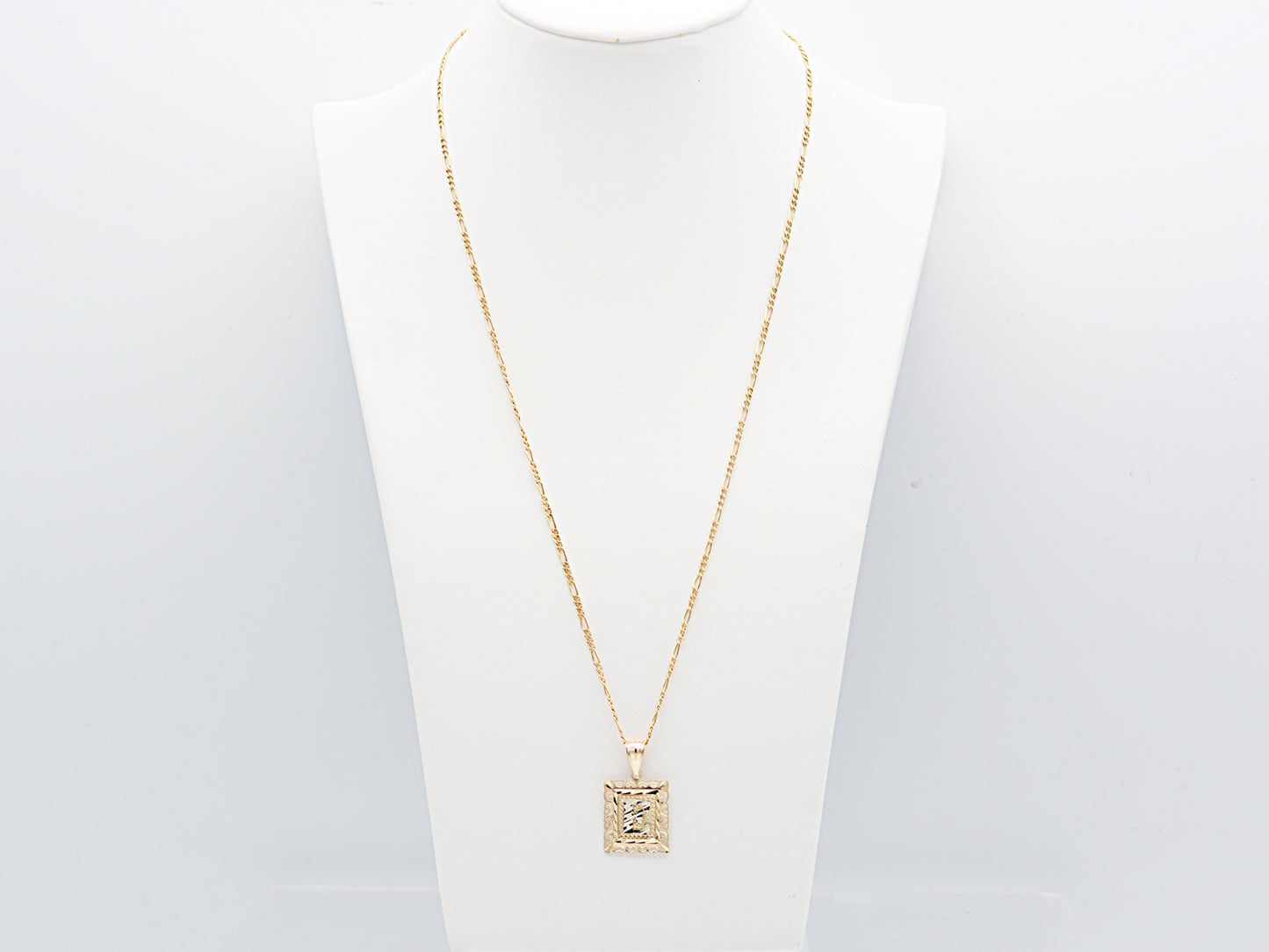 10K Solid Gold Medal Initial Alphabet Letter Frame Figaro chain Necklace