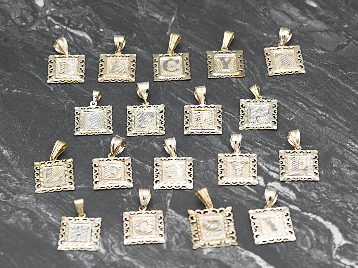 10K Solid Gold Medal Initial Alphabet Letter Frame Figaro chain Necklace