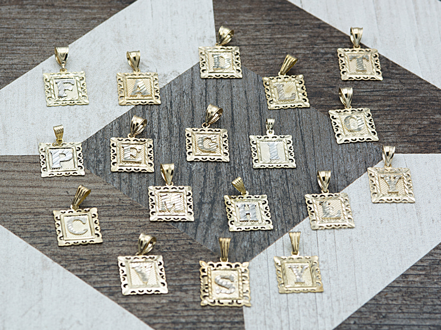 10K Solid Gold Medal Initial Alphabet Letter Frame Figaro chain Necklace