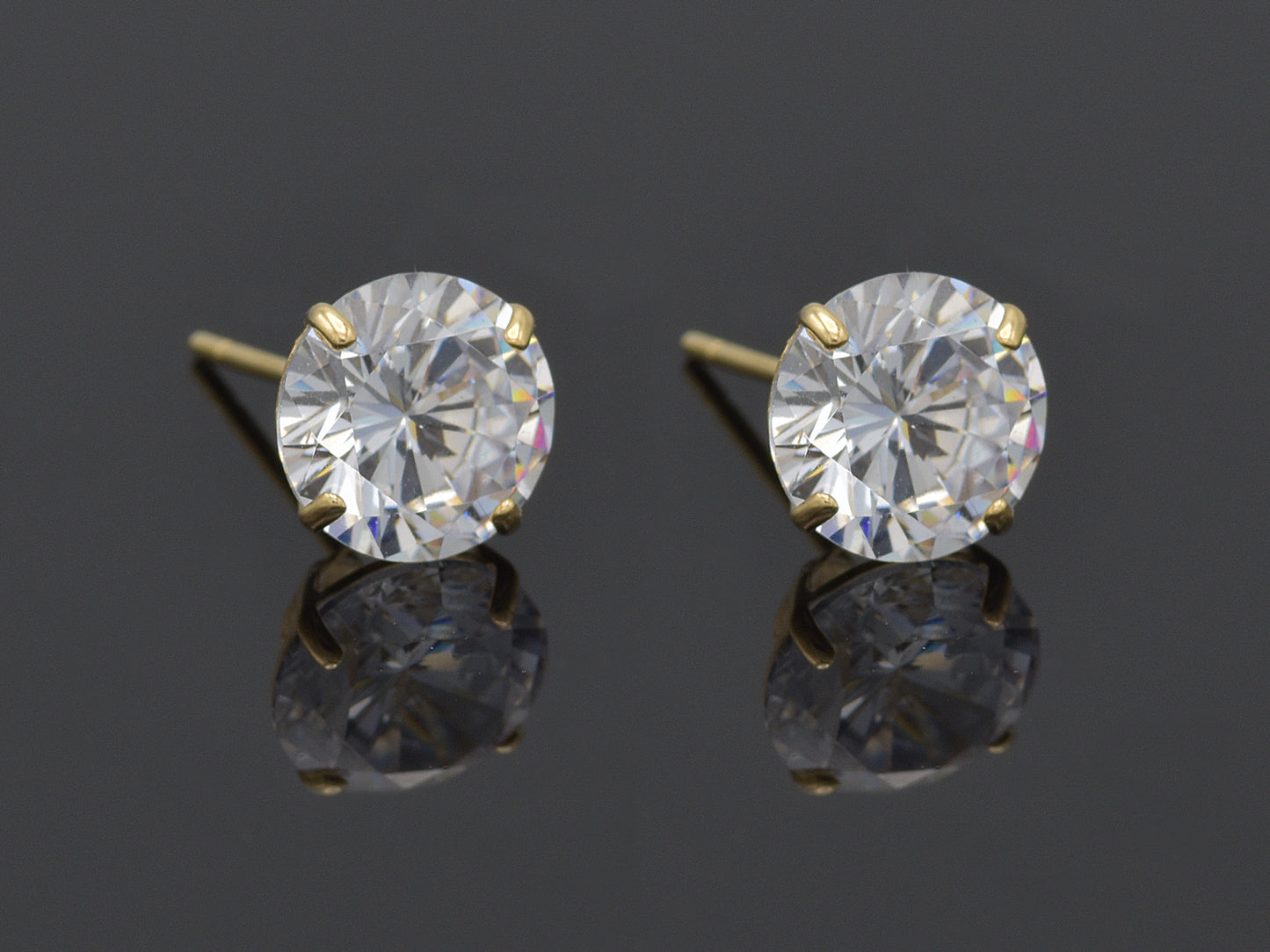 14k Solid Yellow Gold Basket Set Round CZ Stud