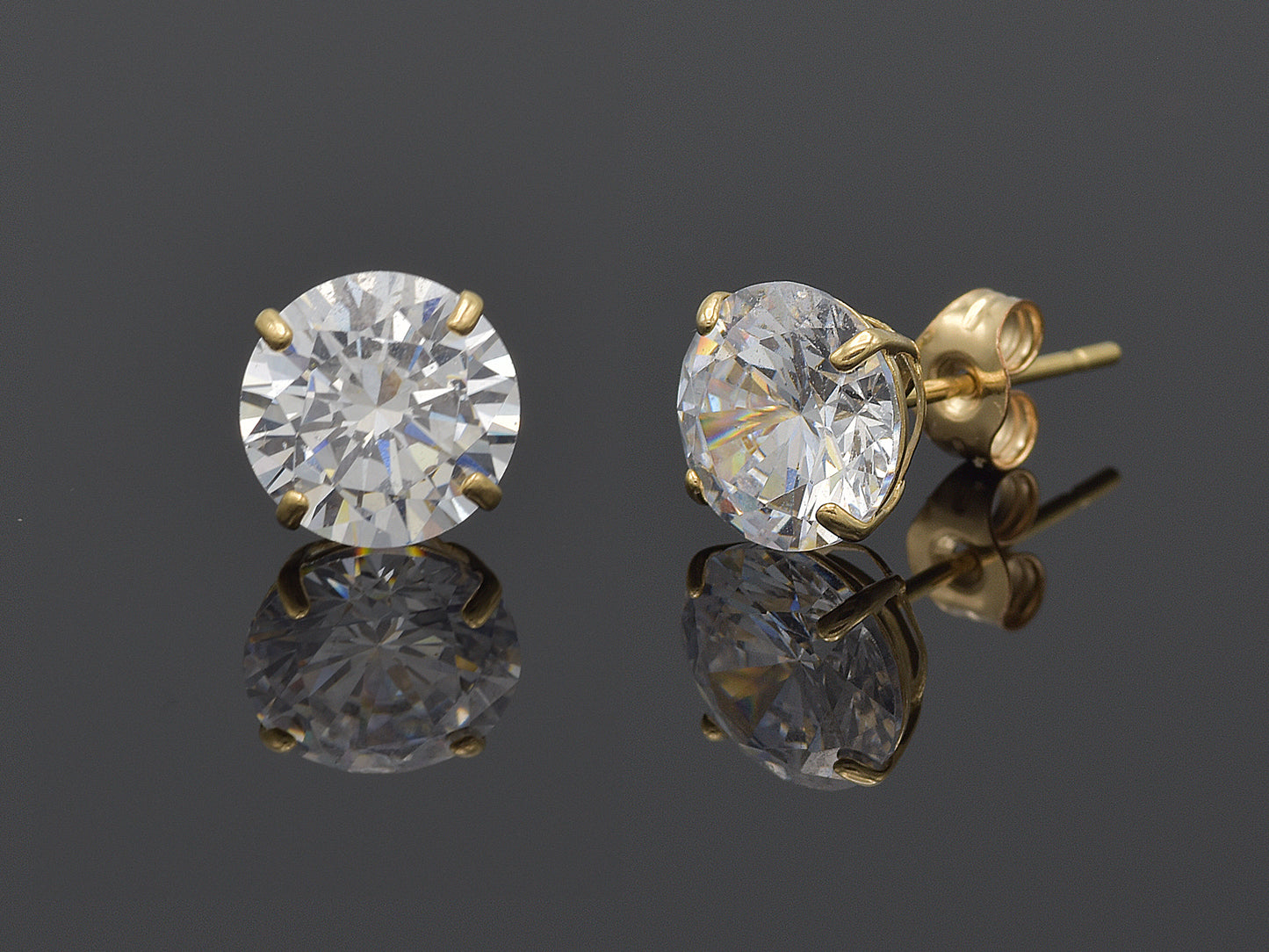14k Solid Yellow Gold Basket Set Round CZ Stud