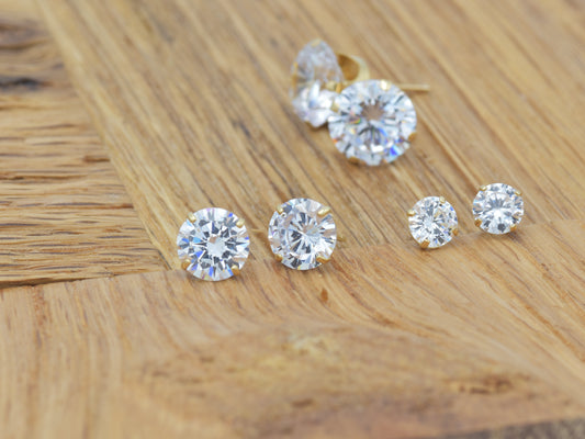 14k Solid Yellow Gold Basket Set Round CZ Stud
