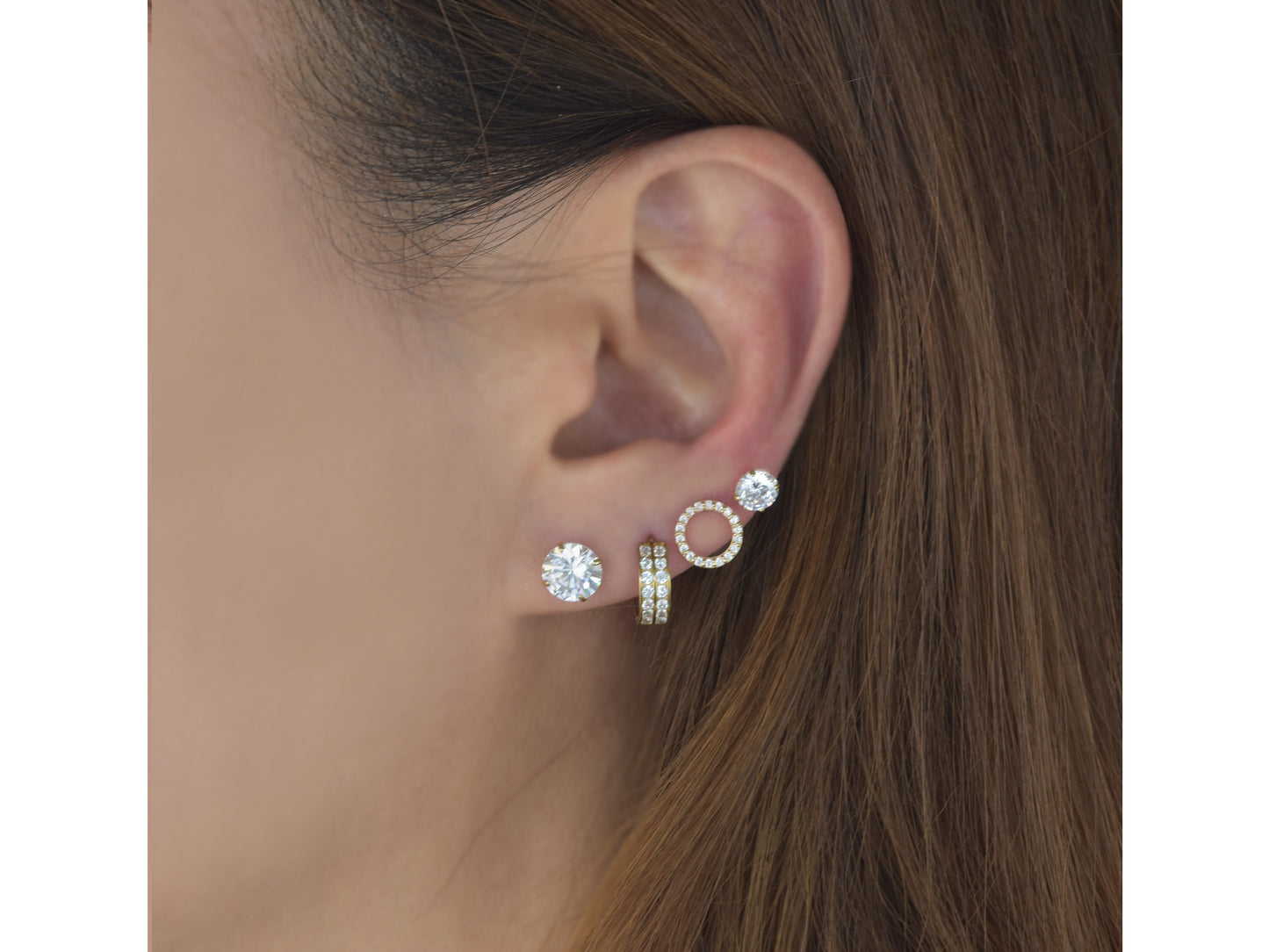 14k Solid Yellow Gold Basket Set Round CZ Stud