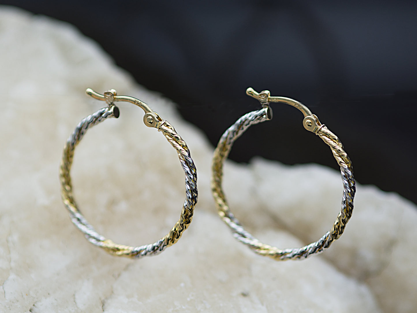 14K Yellow Gold Two-Tone Twisted Hoop Earrings