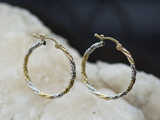 14K Yellow Gold Two-Tone Twisted Hoop Earrings