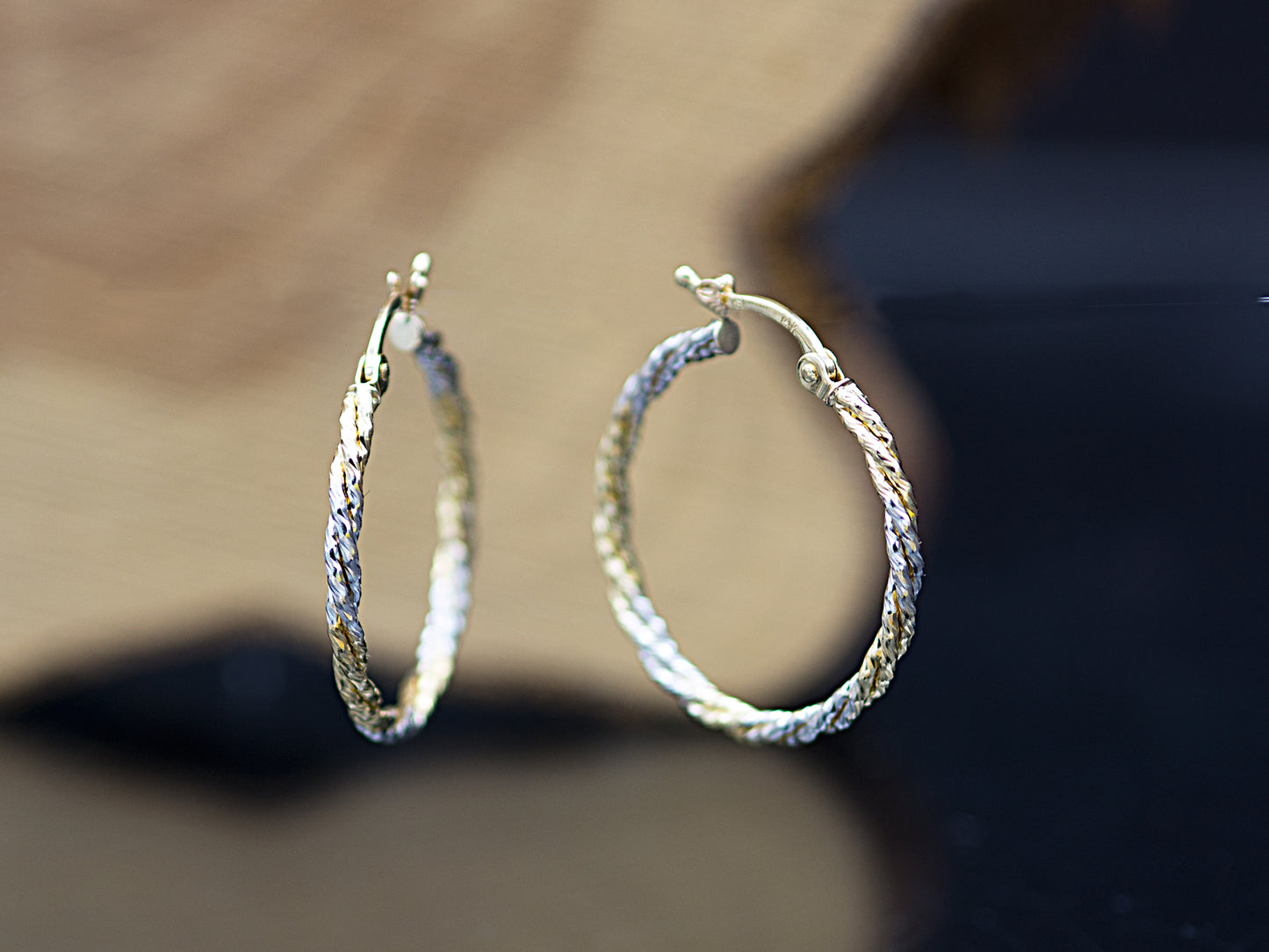 14K Yellow Gold Two-Tone Twisted Hoop Earrings