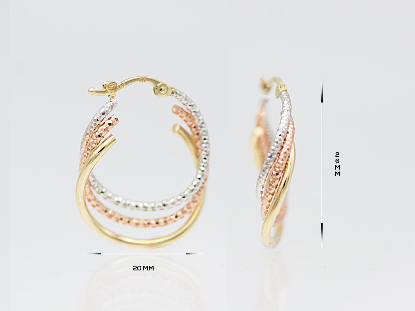 14k Tri Color Gold Solid Oval Triple Twisted Diamond Cut S Hoop Earrings