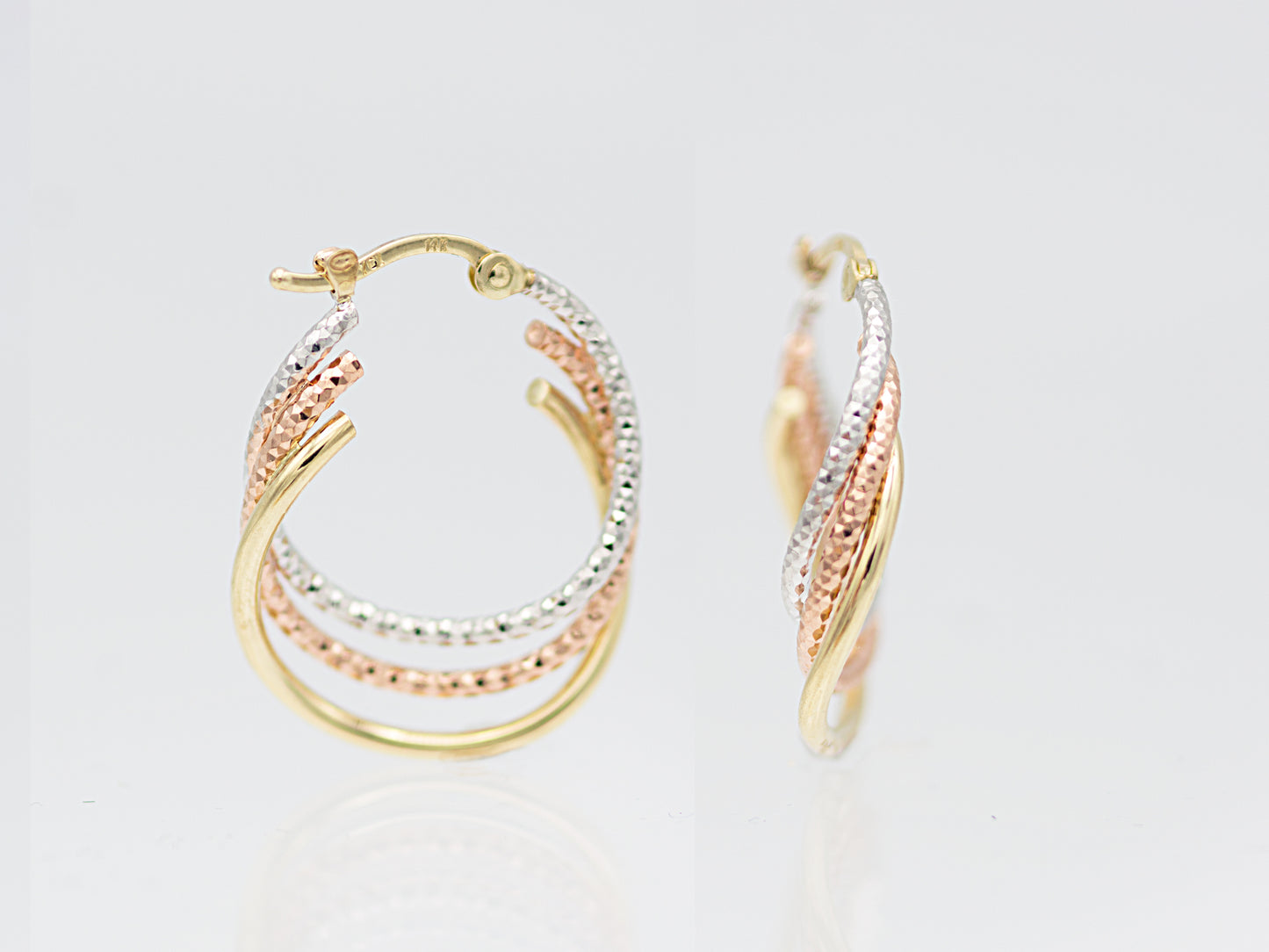 14k Tri Color Gold Solid Oval Triple Twisted Diamond Cut S Hoop Earrings