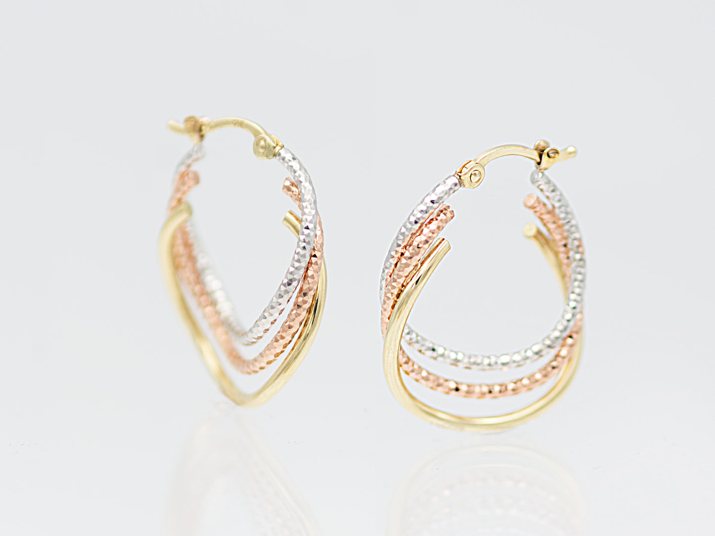 14k Tri Color Gold Solid Oval Triple Twisted Diamond Cut S Hoop Earrings