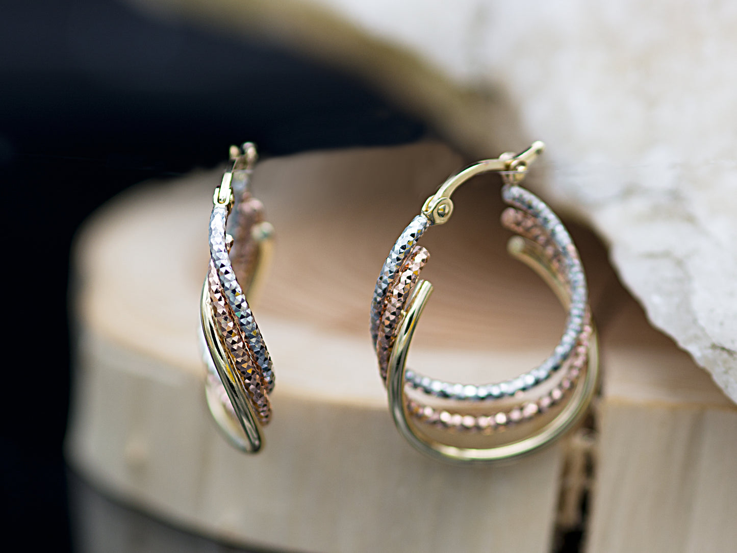 14k Tri Color Gold Solid Oval Triple Twisted Diamond Cut S Hoop Earrings