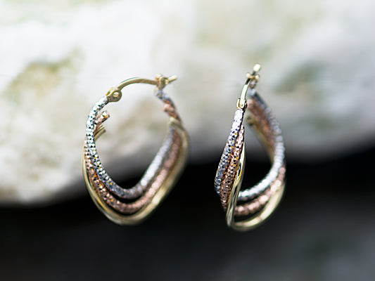 14k Tri Color Gold Solid Oval Triple Twisted Diamond Cut S Hoop Earrings