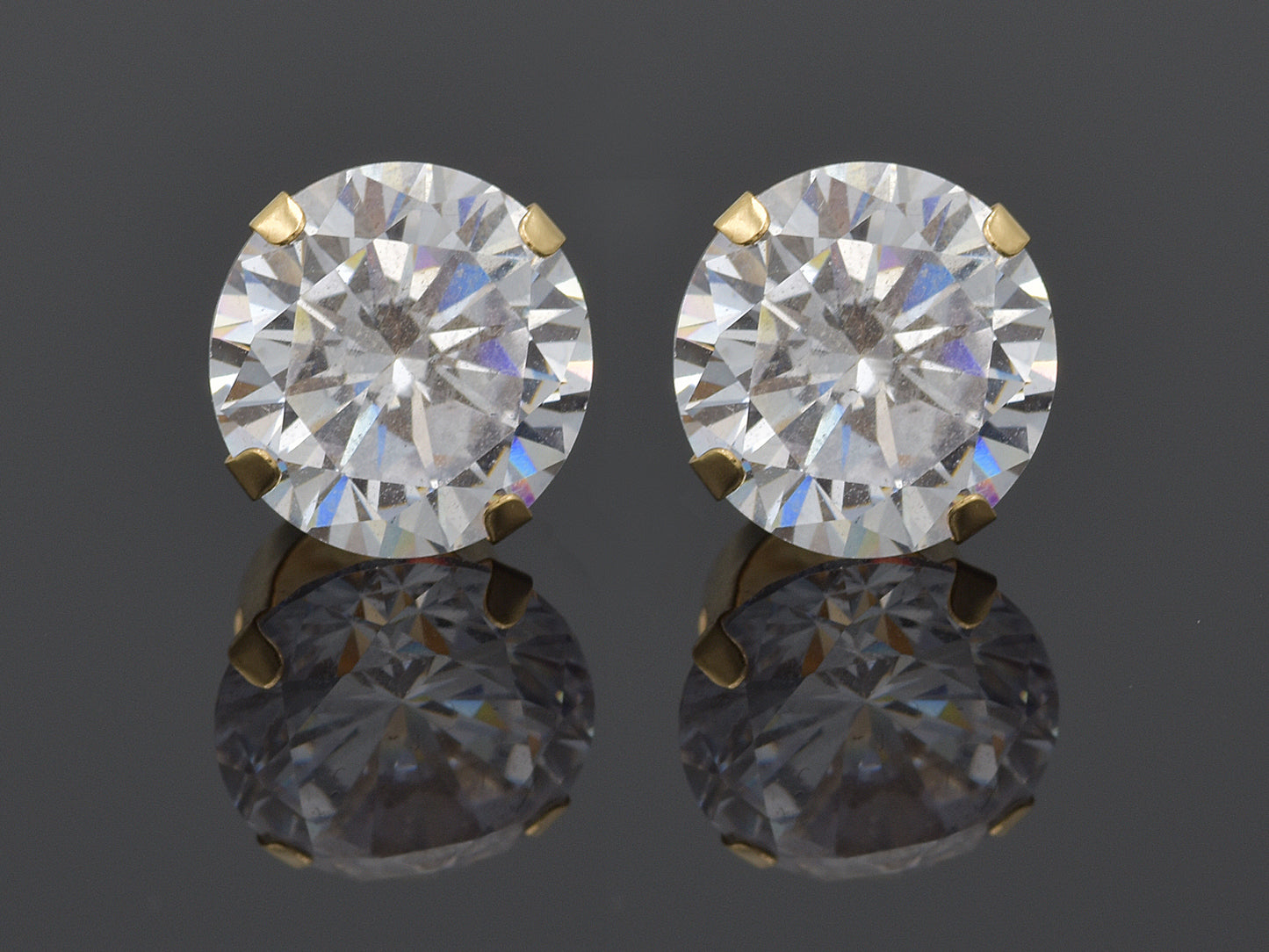 14k Solid Yellow Gold Basket Set Round CZ Stud