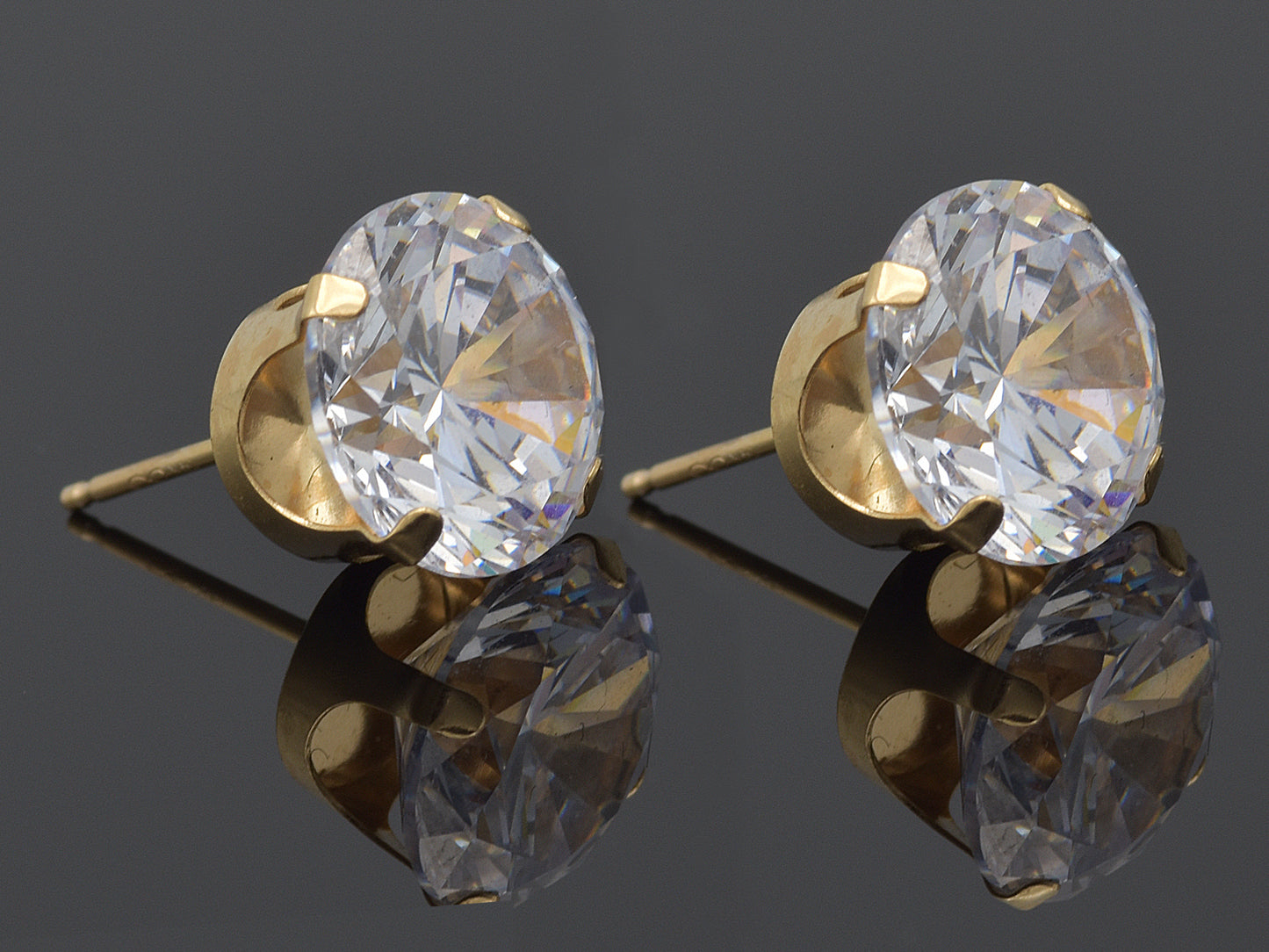 14k Solid Yellow Gold Basket Set Round CZ Stud