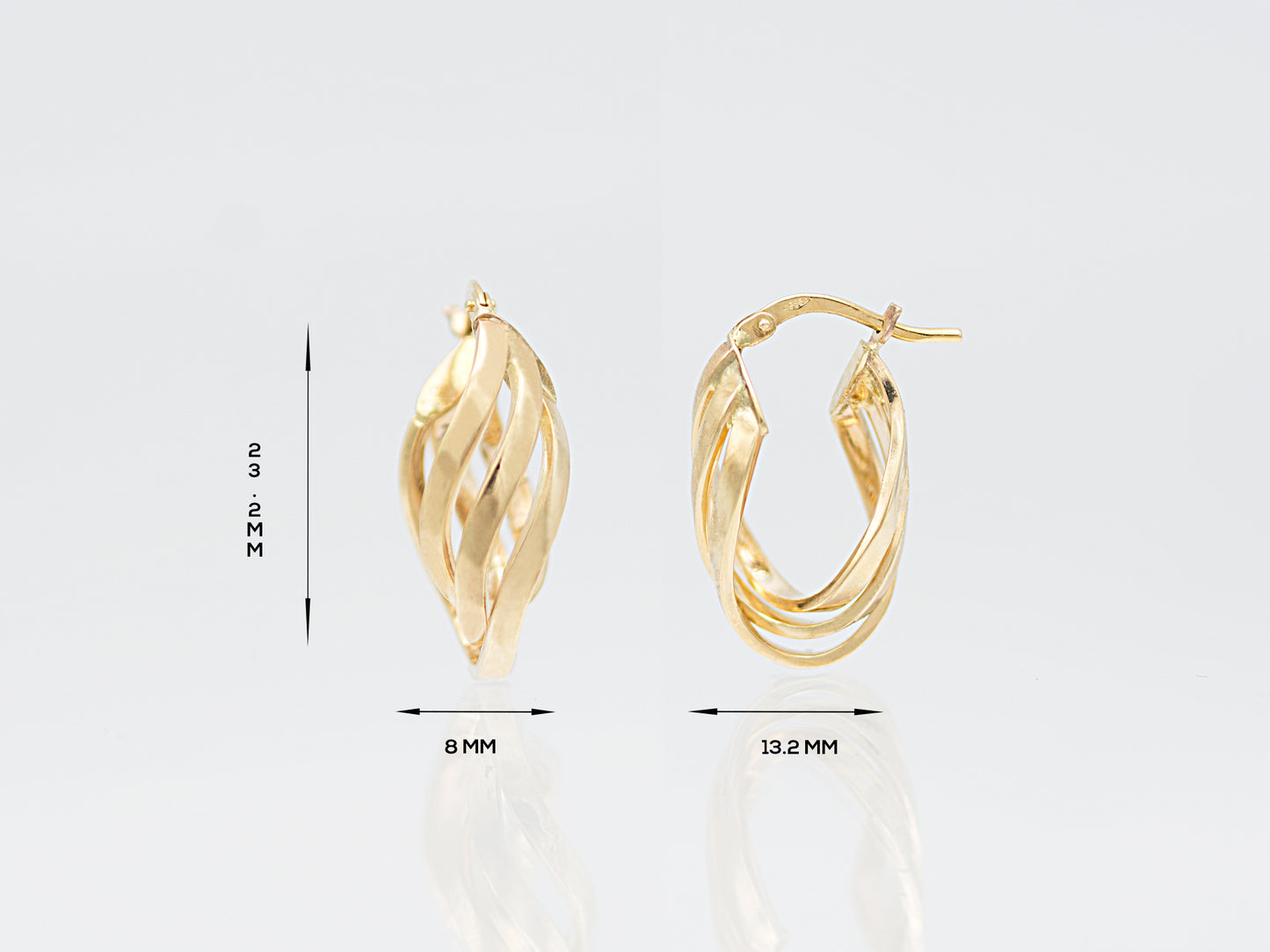 14K Yellow Solid real Gold 3 Line Hoop Earrings