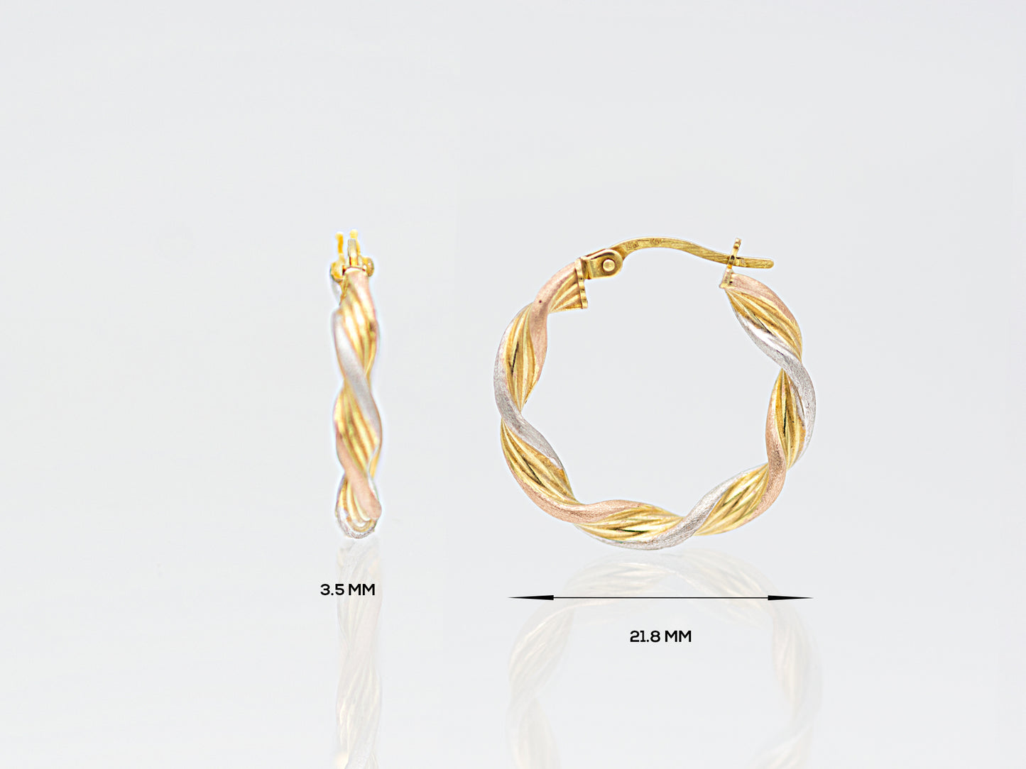 14K Tri Tone Real Gold Twisted Hoop Earrings