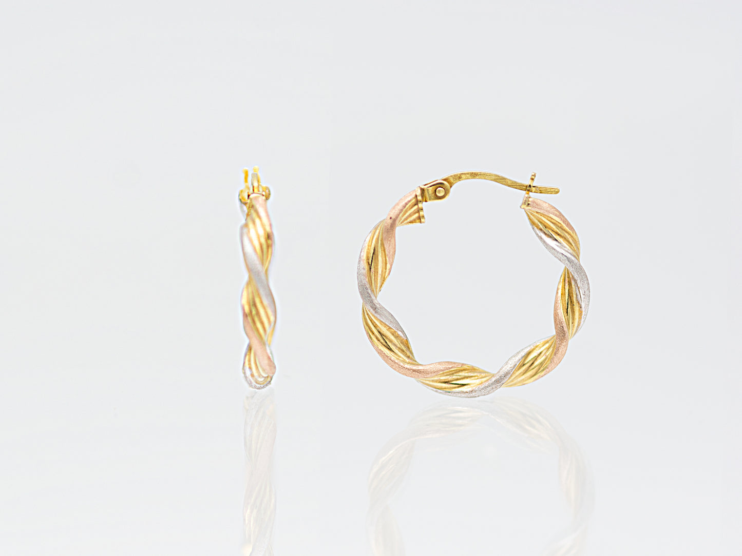 14K Tri Tone Real Gold Twisted Hoop Earrings