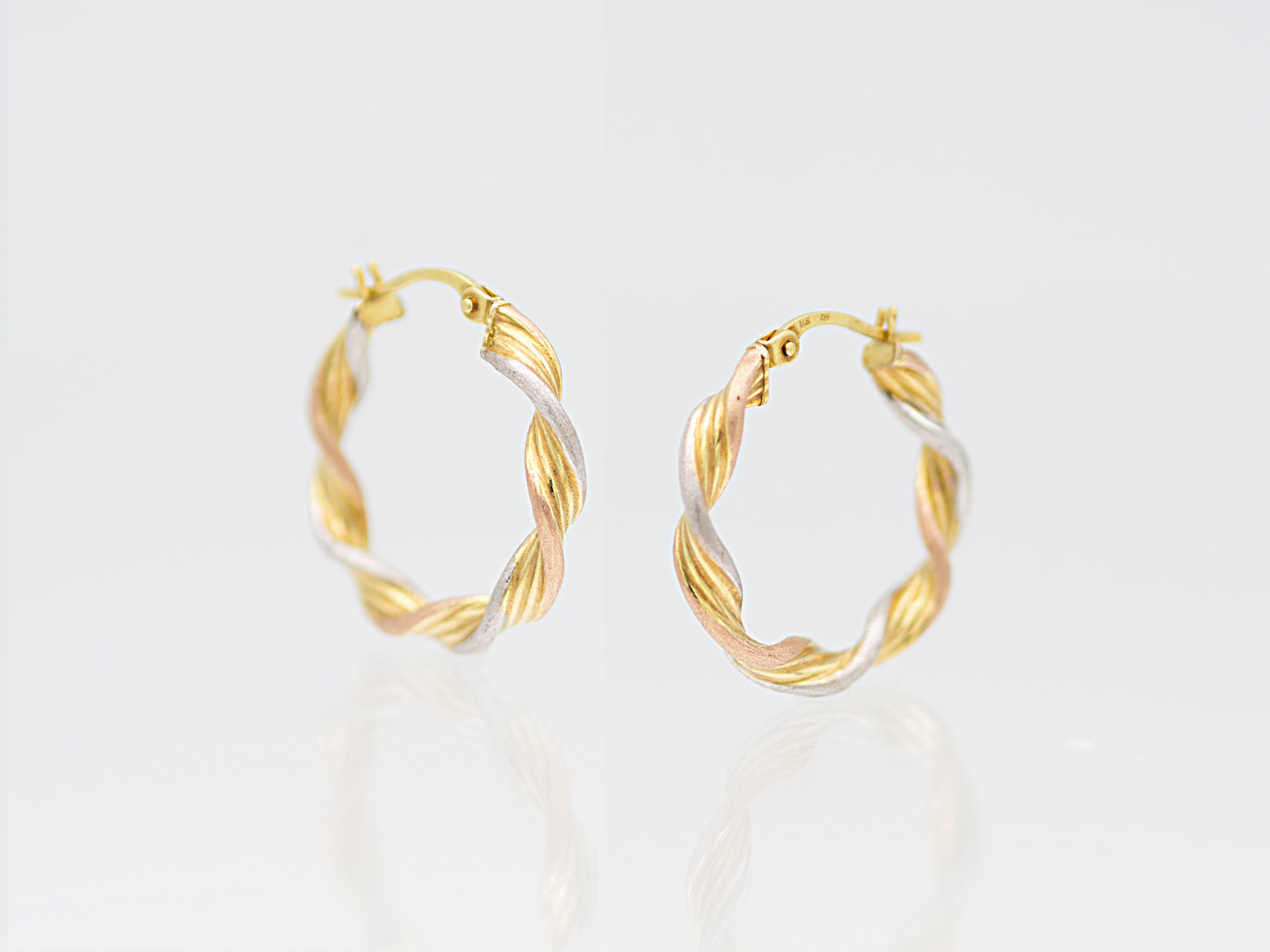 14K Tri Tone Real Gold Twisted Hoop Earrings