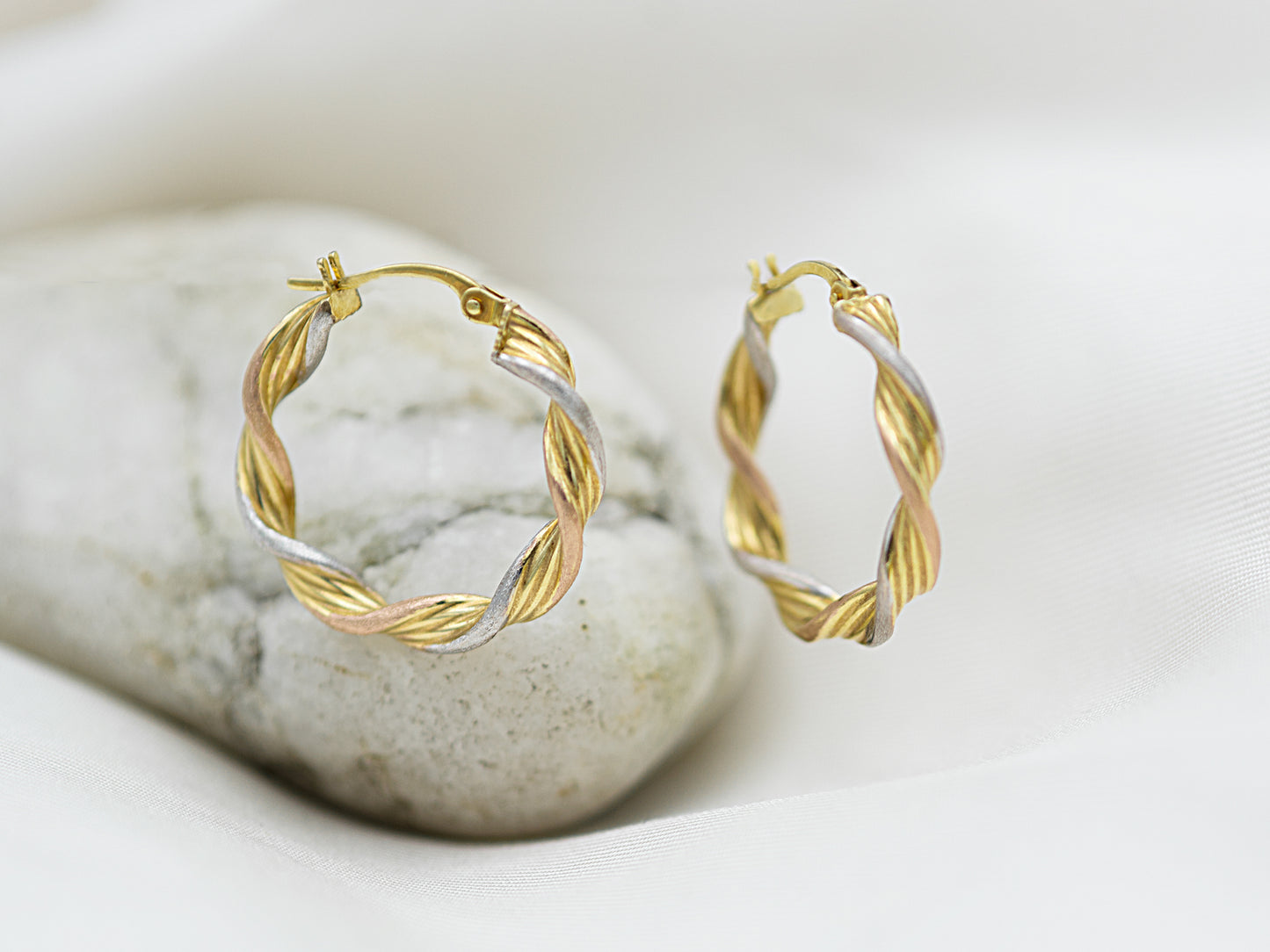 14K Tri Tone Real Gold Twisted Hoop Earrings