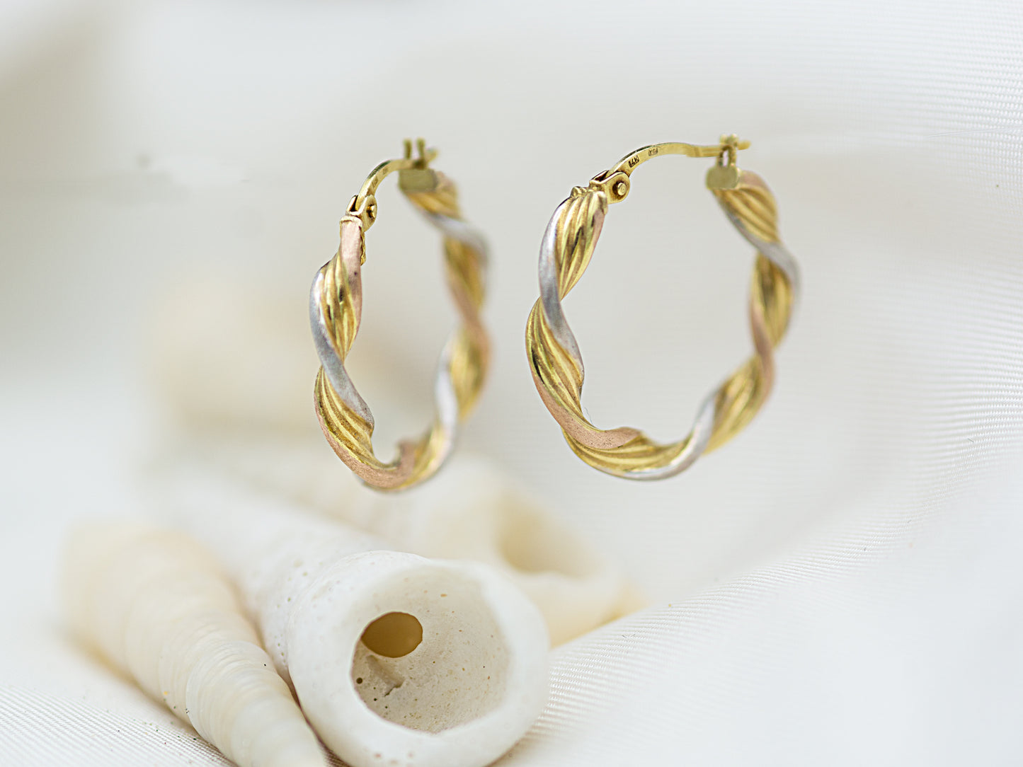 14K Tri Tone Real Gold Twisted Hoop Earrings
