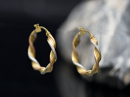 14K Tri Tone Real Gold Twisted Hoop Earrings