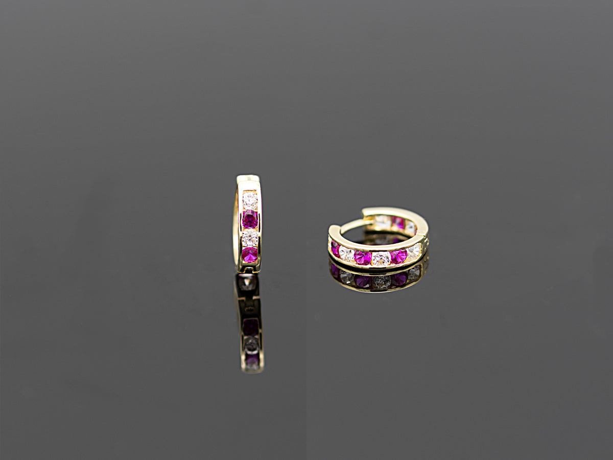 14k Solid Yellow Gold Colorful hoops with bright gems