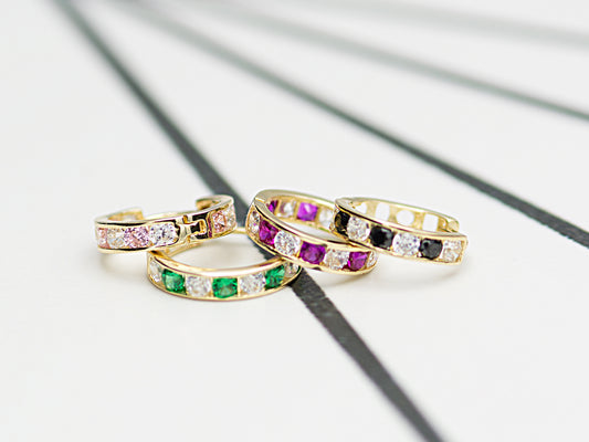 14k Solid Yellow Gold Colorful hoops with bright gems